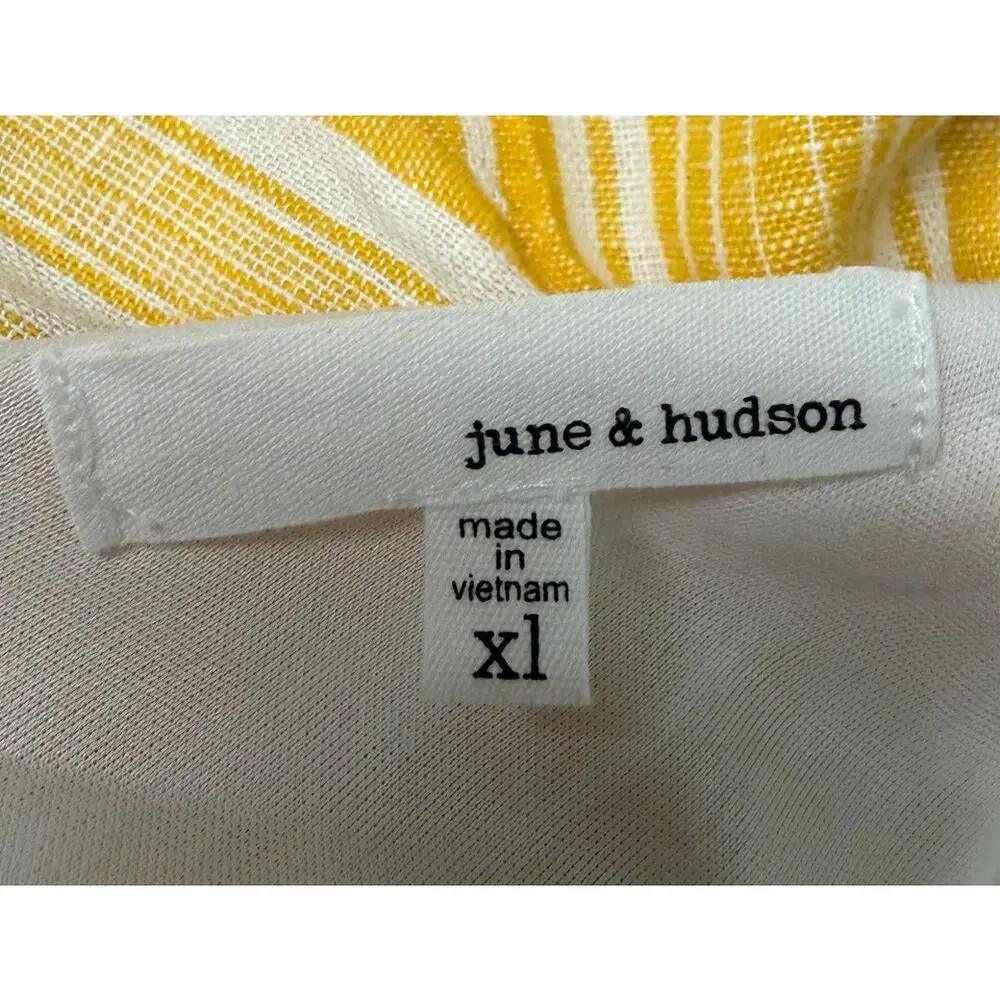 June & Hudson Yellow Stripe Ruffle Dress XL Linen Blend Belted Summer Beach EUC